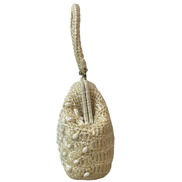 Vintage Women's White Ivory Woven Basket Beads Kiss-lock Handbag Sz M
