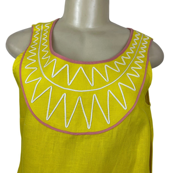 Boden Yellow Linen Sleeveless Top With Pink Trim & Embroidered Size US 6