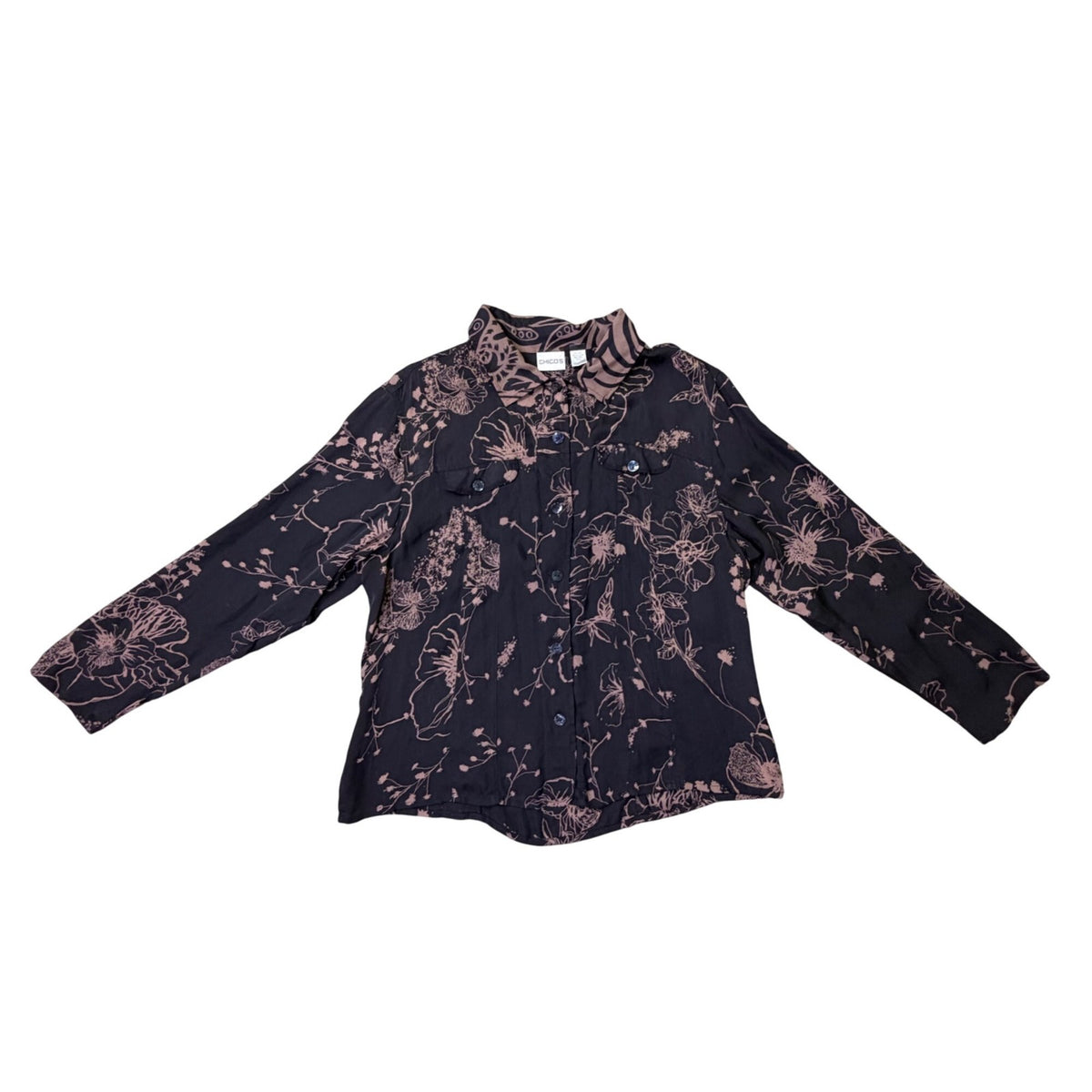 Chicos Womens Black & Brown 100% Silk Button-Up Floral Blouse Shirt Size 3