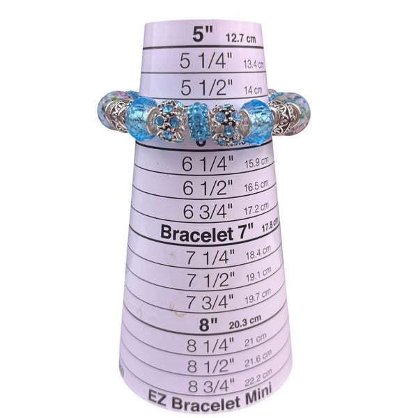 Sterling Silver Womens Blue Glass & Crystal Beaded Bracelet With Safety Chain