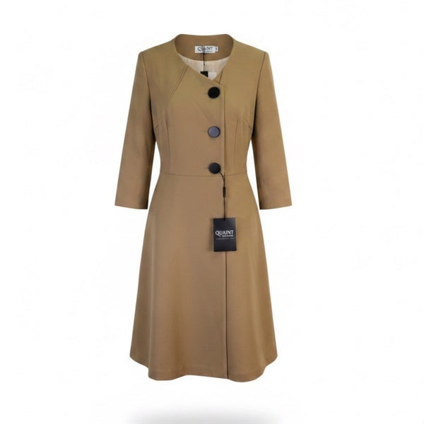 Quaint Womens Tan 3/4 Sleeve A-Line Coat Dress Stylish Essential Size 36