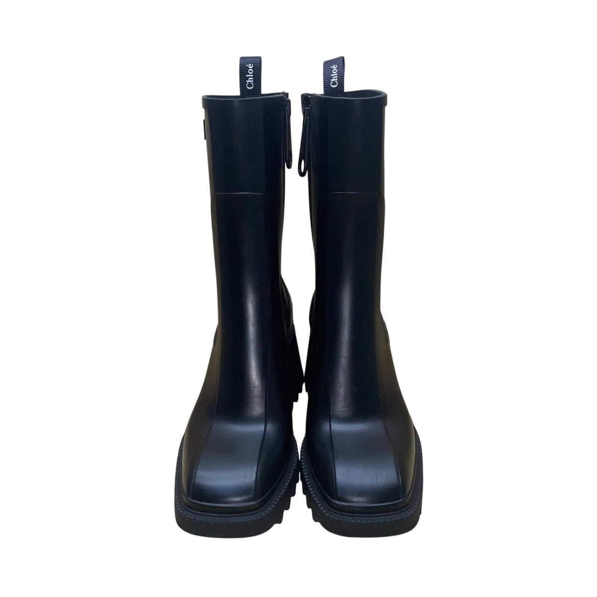 Chloe Women’s Black Rubber Zip-Up Chunky Heel Square Toe Betty Rain Boots Sz 10