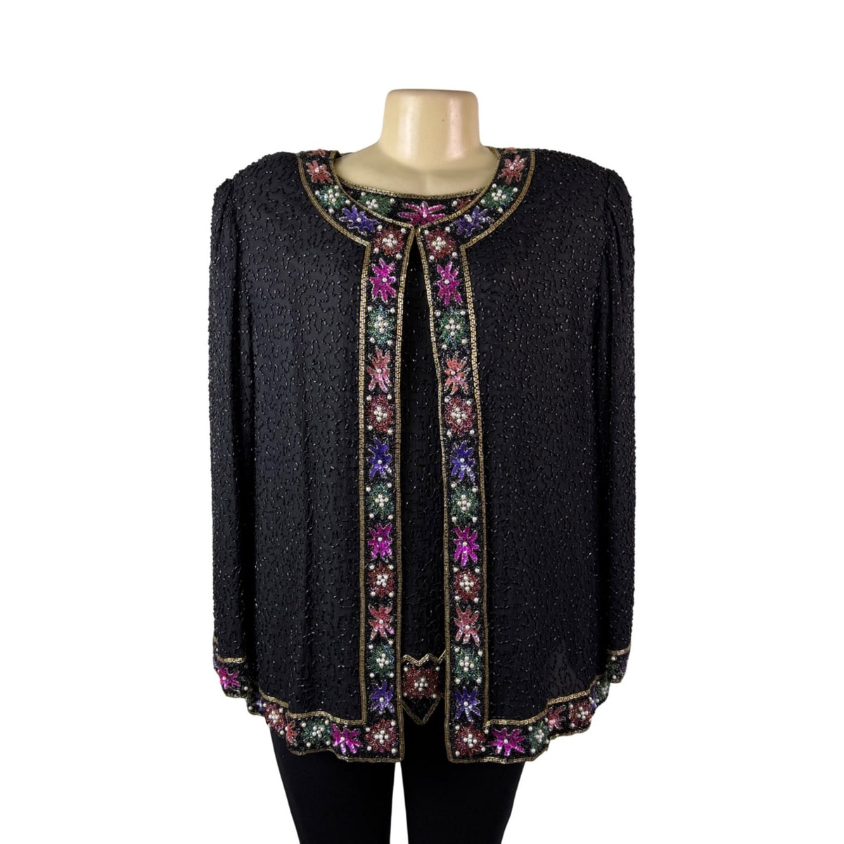 Lawrence Kazar Womens Black Beaded Silk  Jacket & Top Floral Embellished Sz 2X