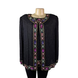 Lawrence Kazar Womens Black Beaded Silk  Jacket & Top Floral Embellished Sz 2X