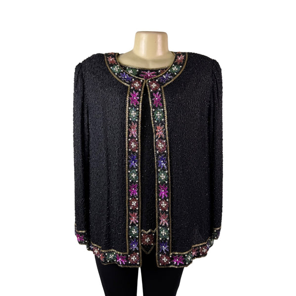 Lawrence Kazar Womens Black Beaded Silk  Jacket & Top Floral Embellished Sz 2X