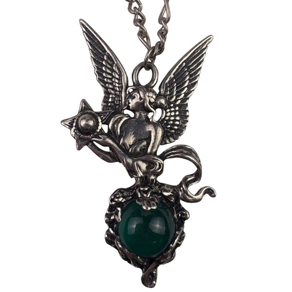 Silver Tone Unisex Winged Cherub Necklace With Green Gemstone Pendant