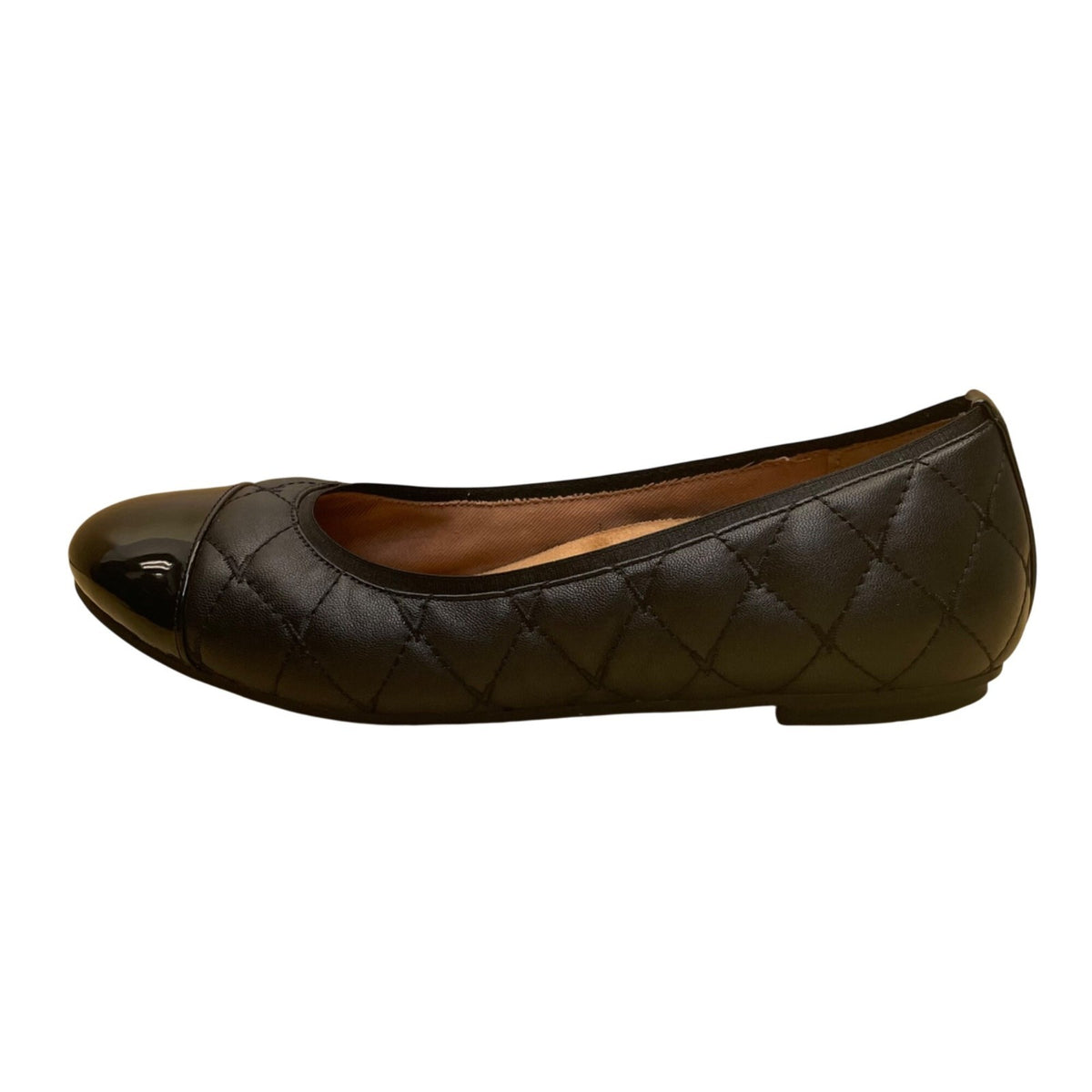 Women’s Black Quilted Leather Desiree Patent Cap Toe Flats Size 6.5