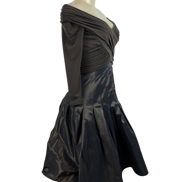 Tadashi Off-The-Shoulder Ruched Long Sleeve Dress With Shiny Full Skirt Sz 2