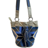 Handcrafted Women's Blue Wool Wayuu Design Ivory Leather Shoulder Bag Sz M