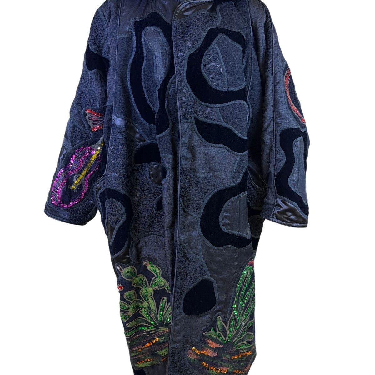 La Coleccion Judith Roberts Black Velvet & Lace Sequined Embroidered Long Coat