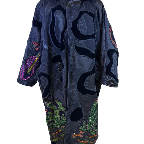 La Coleccion Judith Roberts Black Velvet & Lace Sequined Embroidered Long Coat