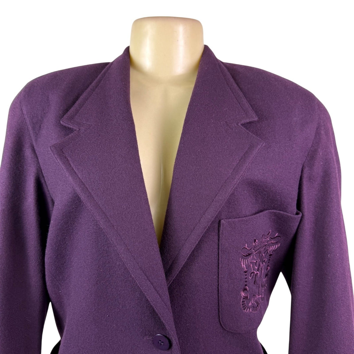 Linda Allard For Ellen Tracy Womens Purple Wool  Blazer Embroidered Pocket Sz 8