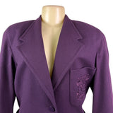 Linda Allard For Ellen Tracy Womens Purple Wool  Blazer Embroidered Pocket Sz 8