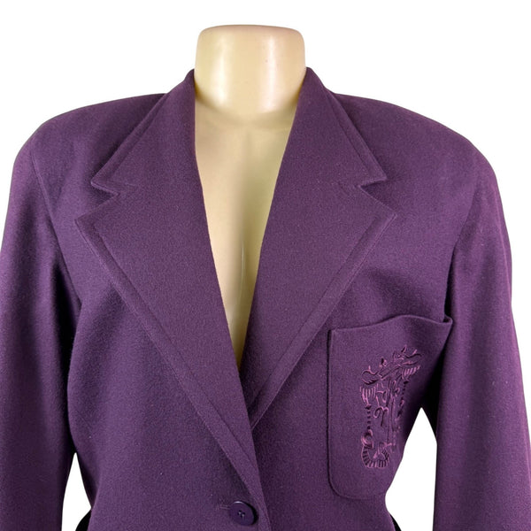 Linda Allard For Ellen Tracy Womens Purple Wool  Blazer Embroidered Pocket Sz 8