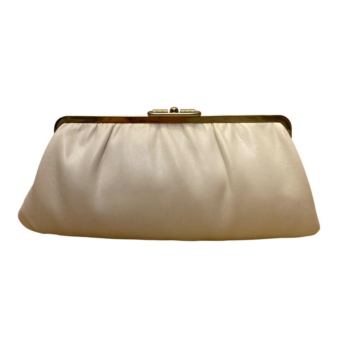 Vintage Women's White Leather With Gold Trim Pleated Design Evening Clutch Bag