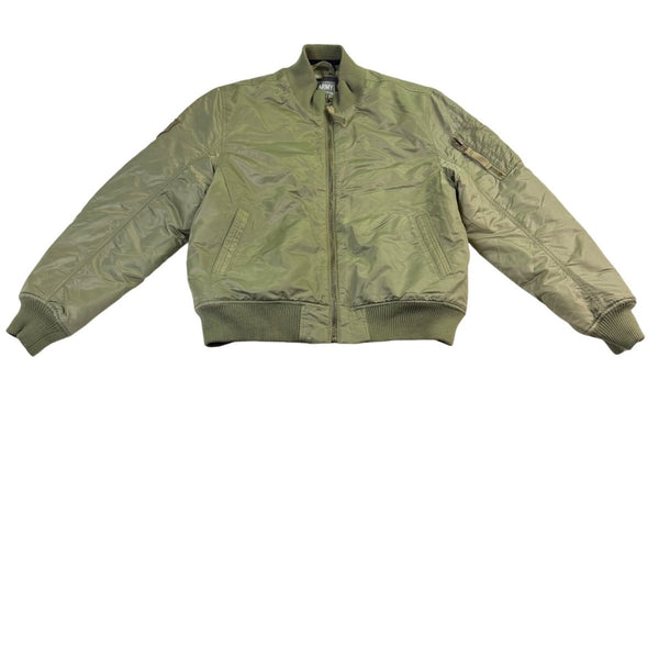 U.S. Army Mens Olive Nylon Bomber Jacket Lightweight Warm Ribbed Cuffs Pockets L