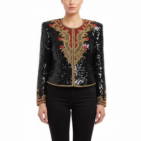 Marie Ellyse Womens Black Sequin & Gold Embellished Silk Cropped Jacket Size L