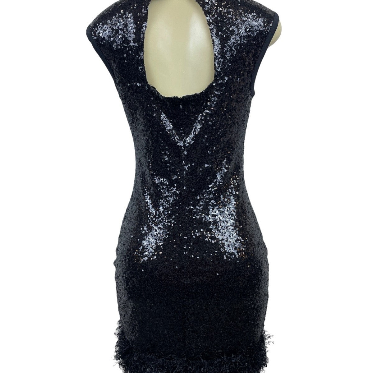 Black Sequin Sleeveless Mini Dress With Fringe Accent