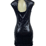 Black Sequin Sleeveless Mini Dress With Fringe Accent
