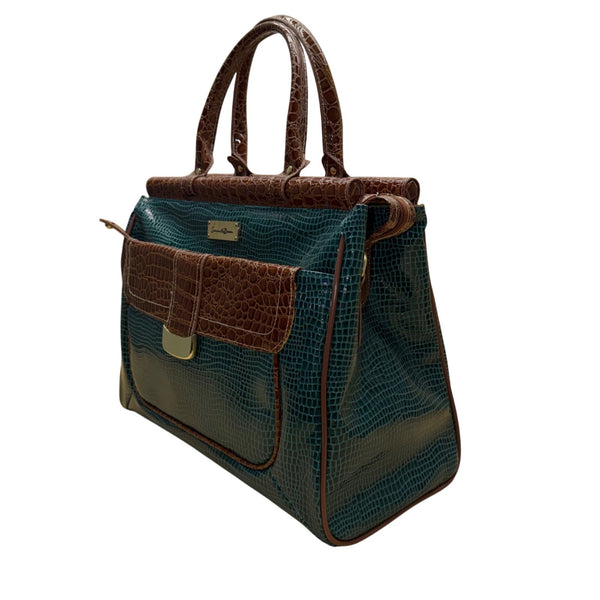Samantha Brown Women’s Teal & Brown Croc Embossed Lining Dual Handles Travel Bag