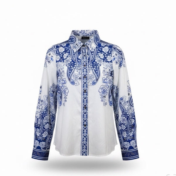 Stylewe Womens Blue White Floral Long-Sleeve Blouse Elegant Shirt Size M
