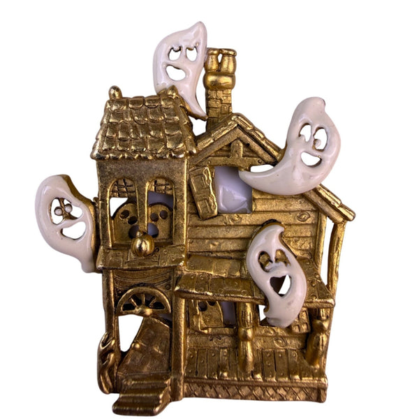 Vintage Halloween Gold Tone Haunted House Brooch Ghost Accents Collectible
