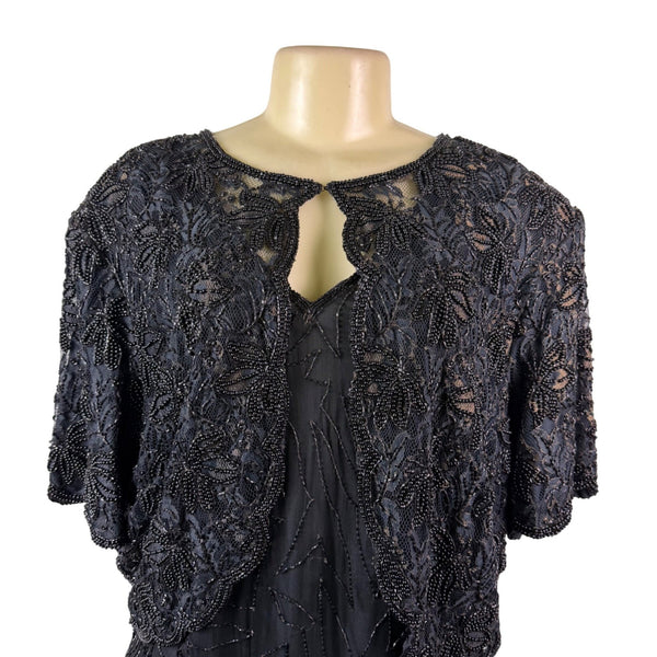 Sténay Womens Black Silk Beaded Evening Gown With Sheer Jacket  Elegant Size 20