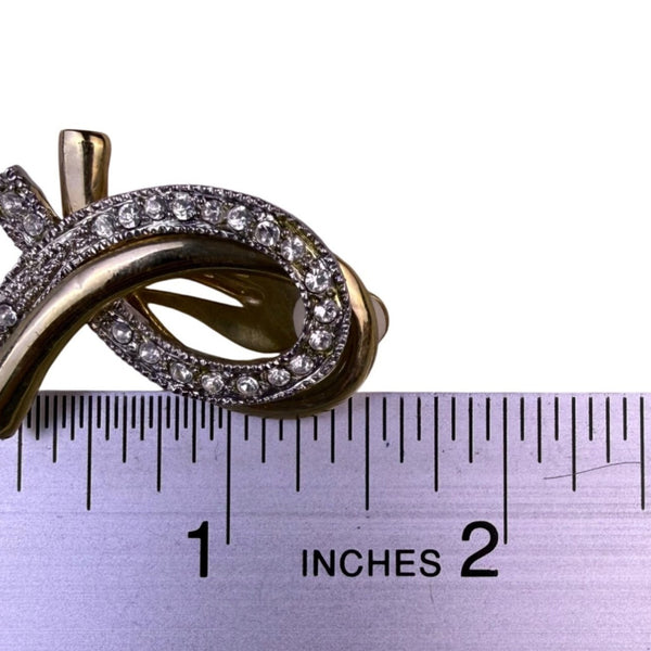 Vintage  Womens Gold Tone Rhinestone Ribbon Clip-On Earrings Elegant Style