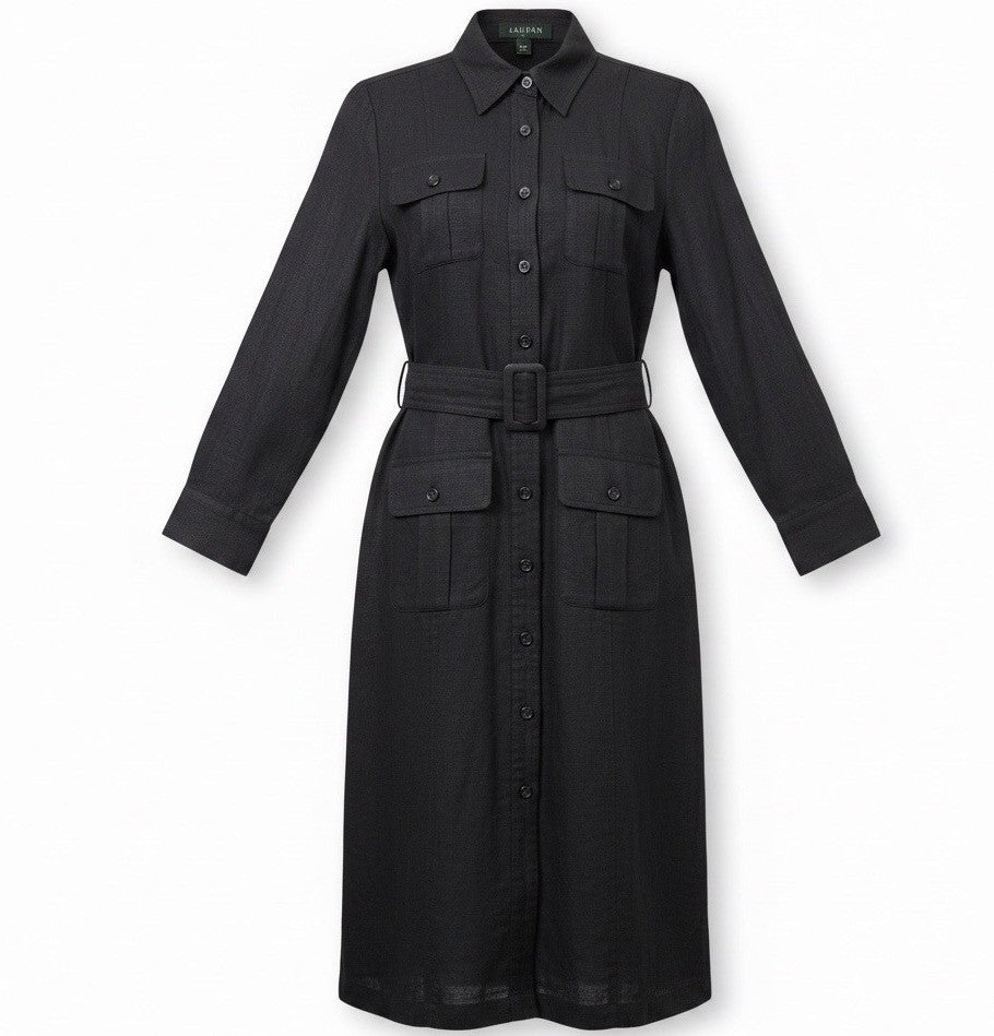 Lauren Ralph Lauren Womens Black Linen Belted Button-Up Pocket Shirt Dress Sz 2P