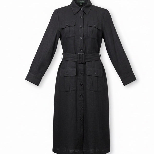 Lauren Ralph Lauren Womens Black Linen Belted Button-Up Pocket Shirt Dress Sz 2P
