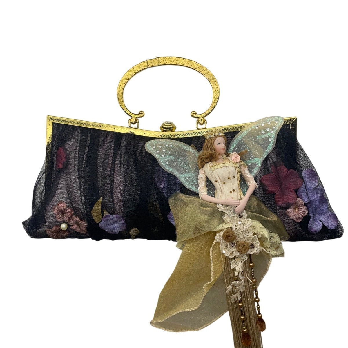 Vintage Black Mesh Fairy Themed Handbag With Gold Frame Unique Evening Bag