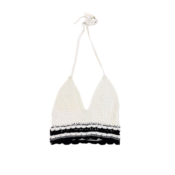 Sincerely Jules Womens Ivory & Black Crochet Halter Top Scallop Trim Size S