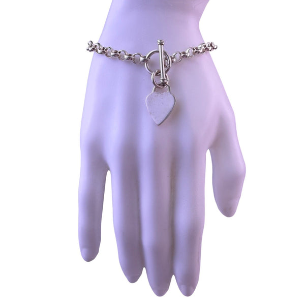 Sterling Silver Womens Heart Charm Toggle Clasp Rolo Link Bracelet Elegant