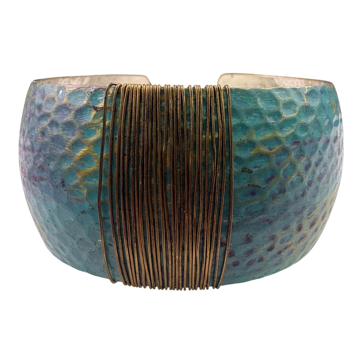 Hammered Textured Mixed Metal Cuff Bracelet Women Turquoise & Gold Tone