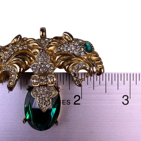 Vintage Gold Tone Brooch Green Crystal Two Lion Heads Rhinestone Accents