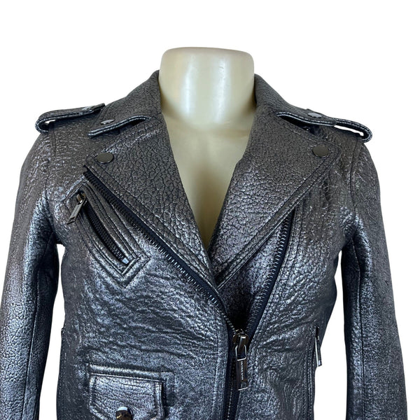 Michael Kors Silver Leather Moto Jacket Belted Zippers Stylish Modern Sz XXS