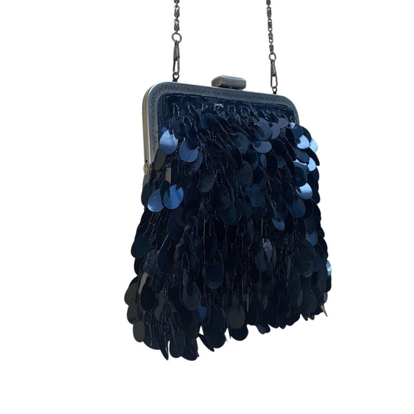 J&X NY Women’s Black Sequined With Chain Strap Elegant Clasp Frame Evening Bag