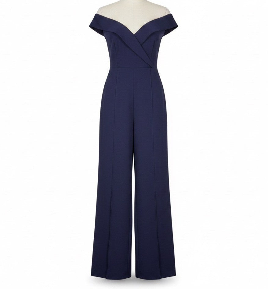 Luxxel Womens Navy Spandex Blend Off The Shoulder Wide Leg Jumpsuit Size M