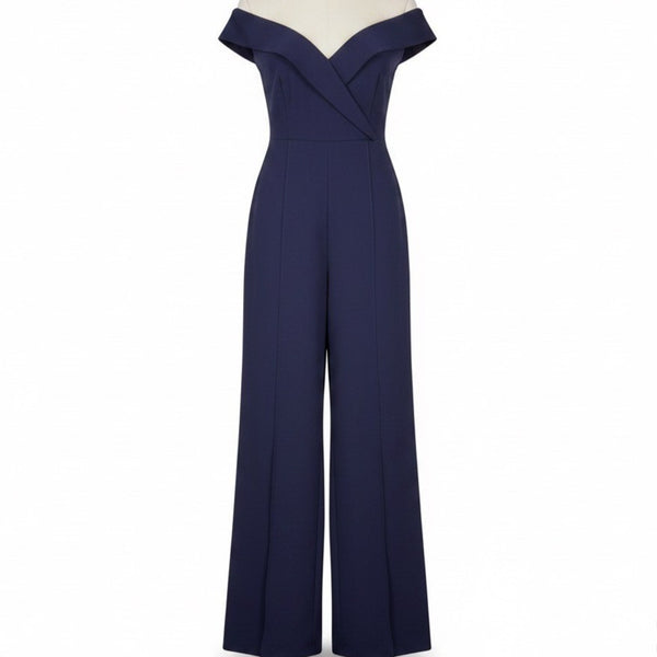 Luxxel Womens Navy Spandex Blend Off The Shoulder Wide Leg Jumpsuit Size M