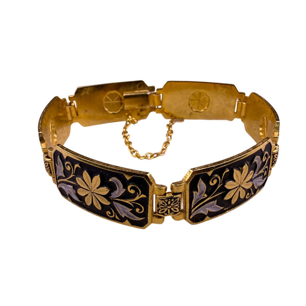 Gold Tone & Black Enamel Floral Bracelet Ladies Handcrafted Spain Safety Clasp