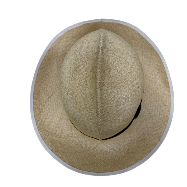 Vintage Genuine Panama Handwoven Straw Wide Brim Hat Black Ribbon Size 6 7/8 