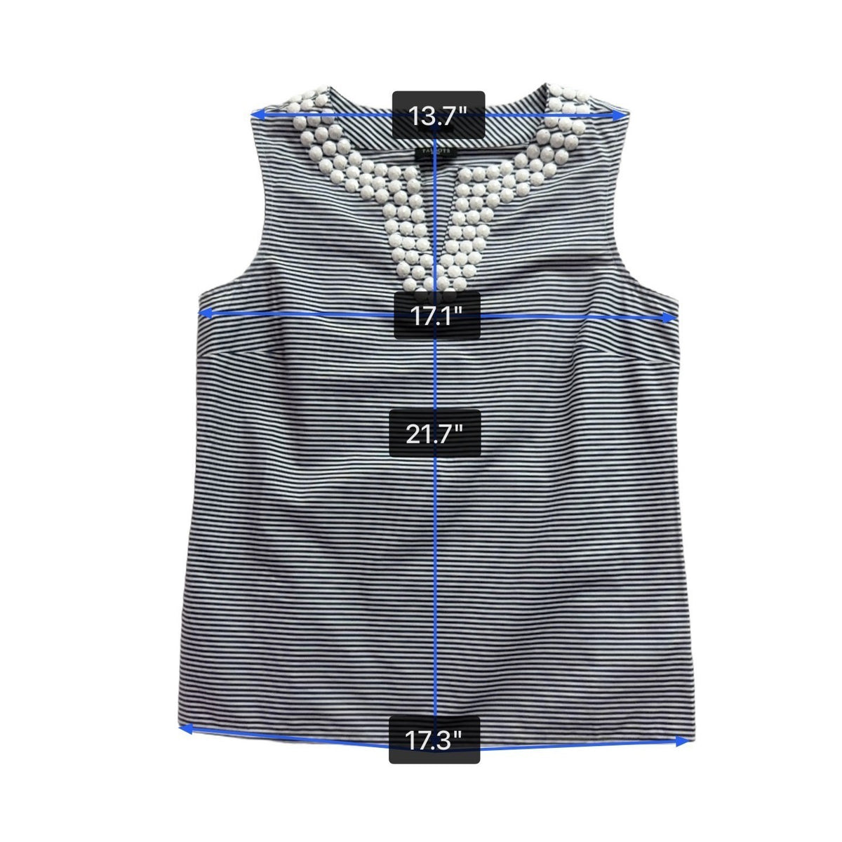 Talbots Womens Navy White Cotton Striped Sleeveless Top Petite Beaded Neck Sz S