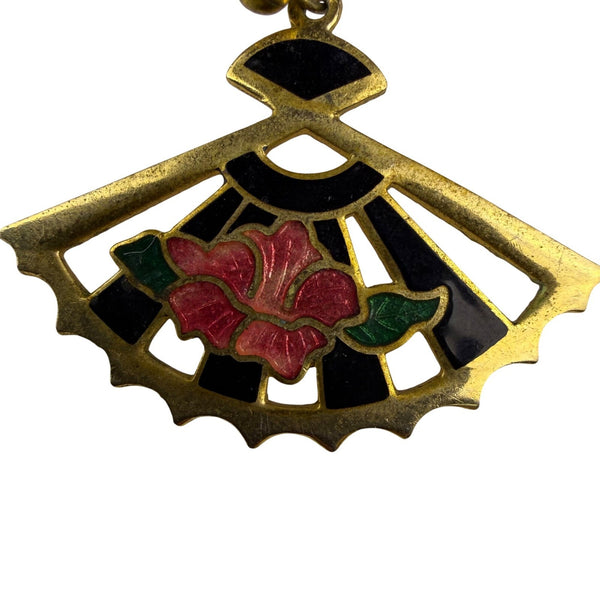 Vintage Gold Tone Enamel Fan Earrings Pink Floral Black Accents Lightweight