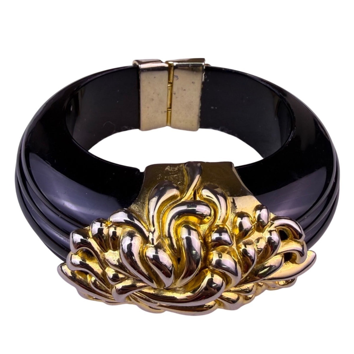 Vintage Inna Cytrine Paris Black Lucite & Gold Tone Hinged Bangle Bracelet