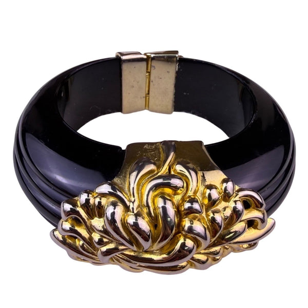 Vintage Inna Cytrine Paris Black Lucite & Gold Tone Hinged Bangle Bracelet