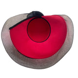 Wide Brim Red & Black Wool Fascinator Hat With Mesh Flower Detail Vintage Style