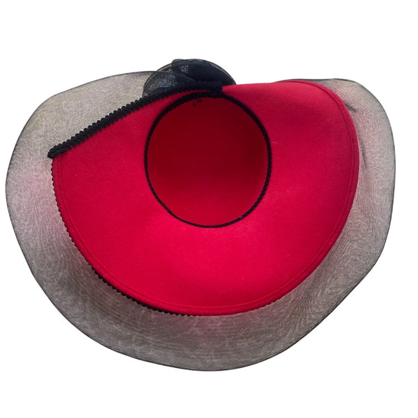 Wide Brim Red & Black Wool Fascinator Hat With Mesh Flower Detail Vintage Style