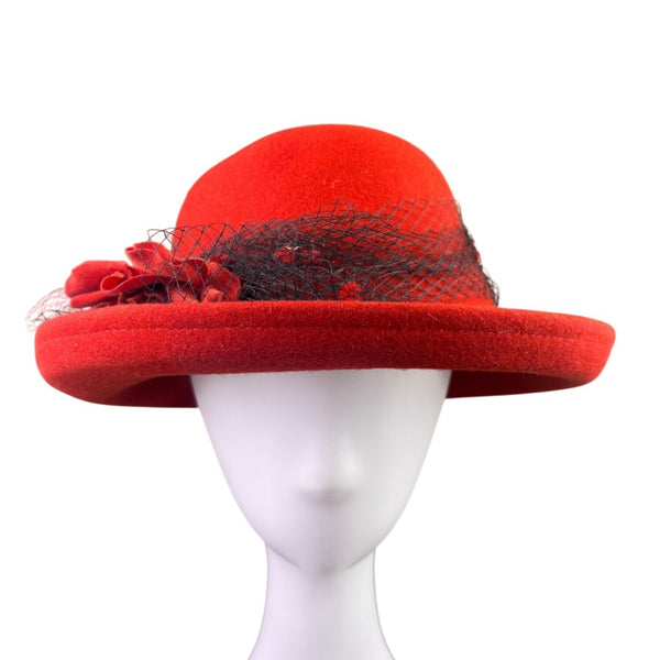 Street Smart Womens Red Wool Vintage Hat With Floral & Net Accent OS
