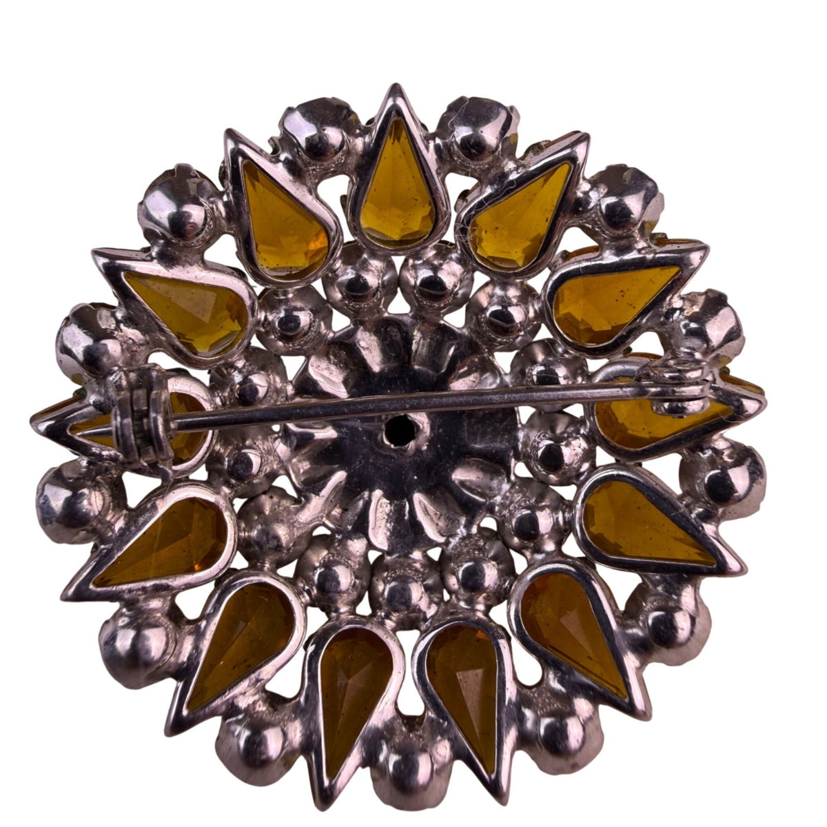 Vintage  Silver Tone Amber Rhinestone Round Pin Brooch
