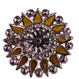 Vintage  Silver Tone Amber Rhinestone Round Pin Brooch